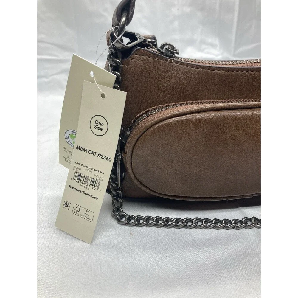 No Boundaries Women's Faux Leather Mini Shoulder Bag Adjustable Crossbody, Brown